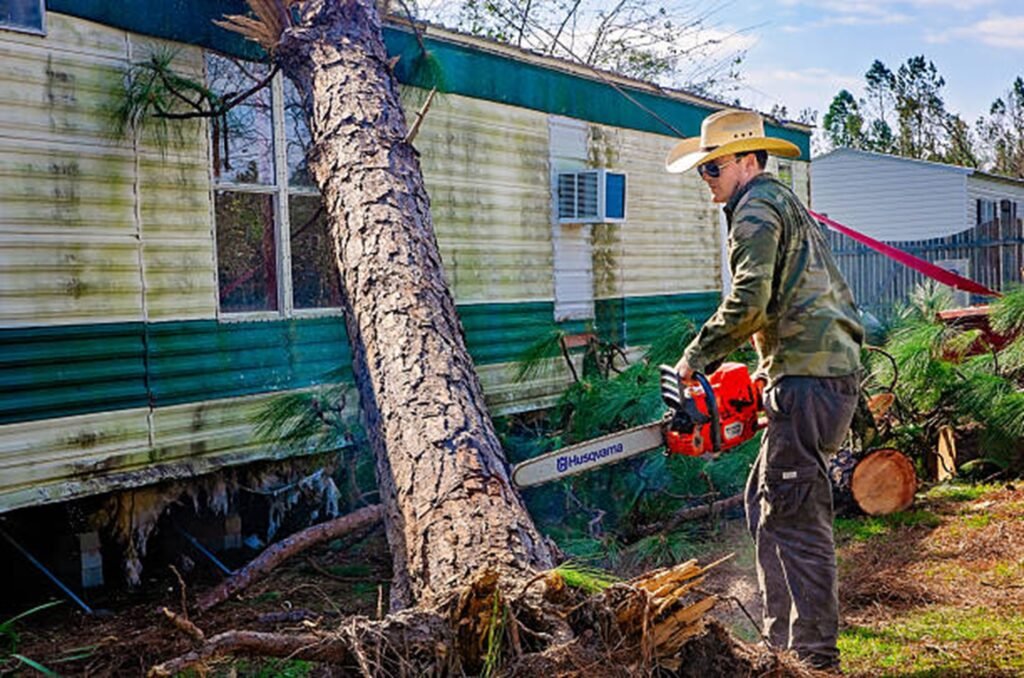 Storm-damaged tree leaning against a residential home before emergency tree removal service in Wentzville, MO.
