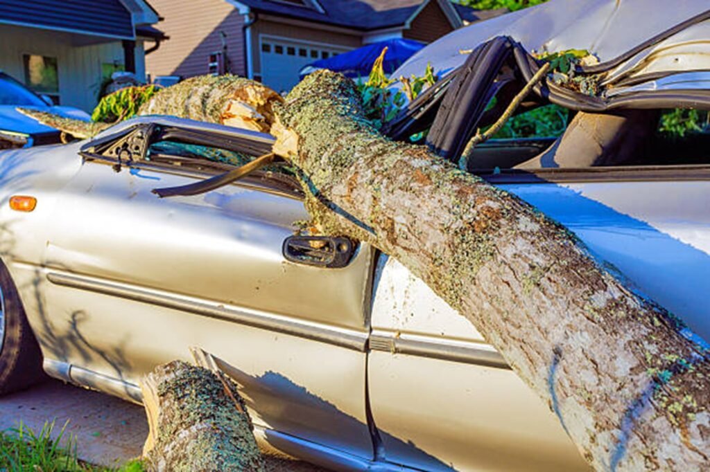 Large fallen tree crushing a parked vehicle after a severe storm, highlighting the need for professional storm damage cleanup in Wentzville, MO.